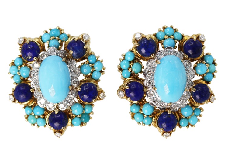 Pair o f18 Karat Gold, Turquoise, Lapis Lazuli and Diamond Earclips by ...