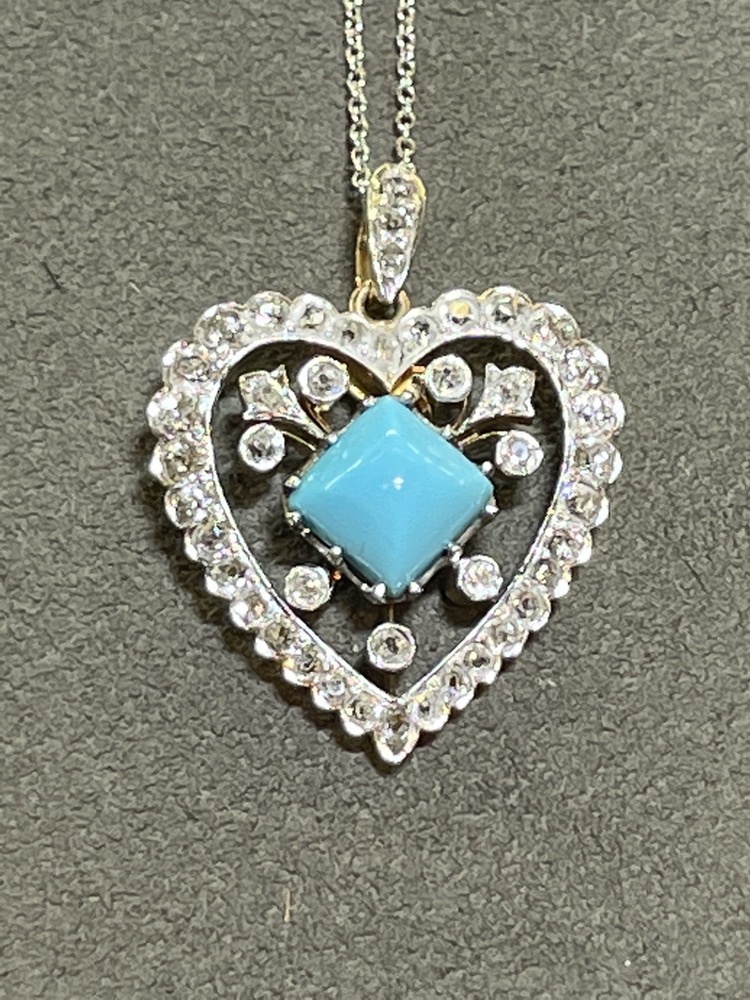 Antique Turquoise and Diamond Heart Pendant Necklace