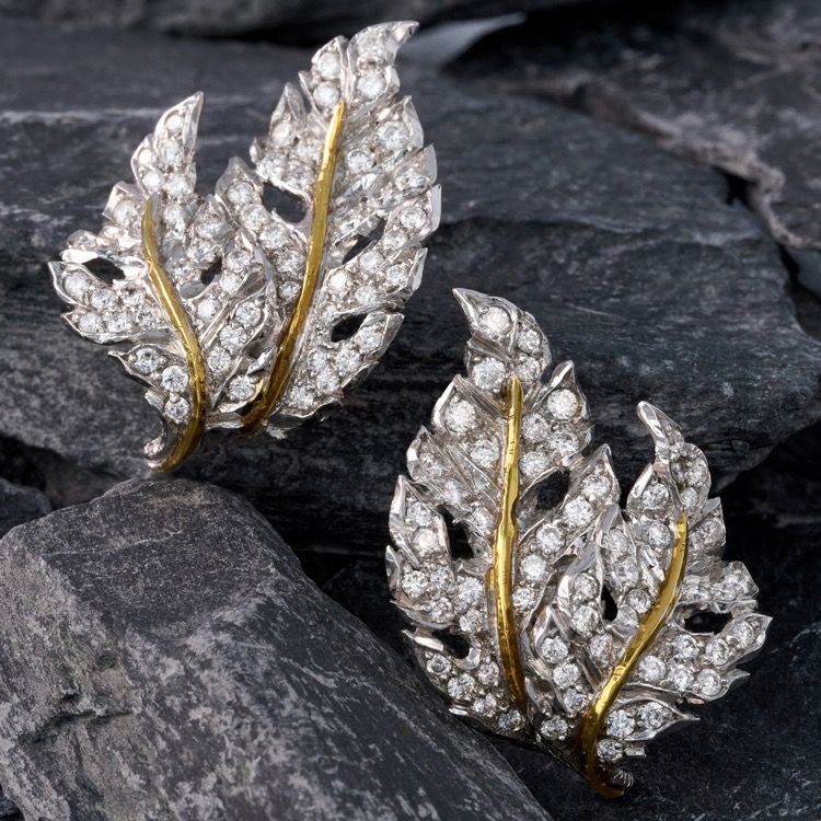 Pair of Buccellati Diamond Leaf Earrings, 18 Karat White and Yellow Gold