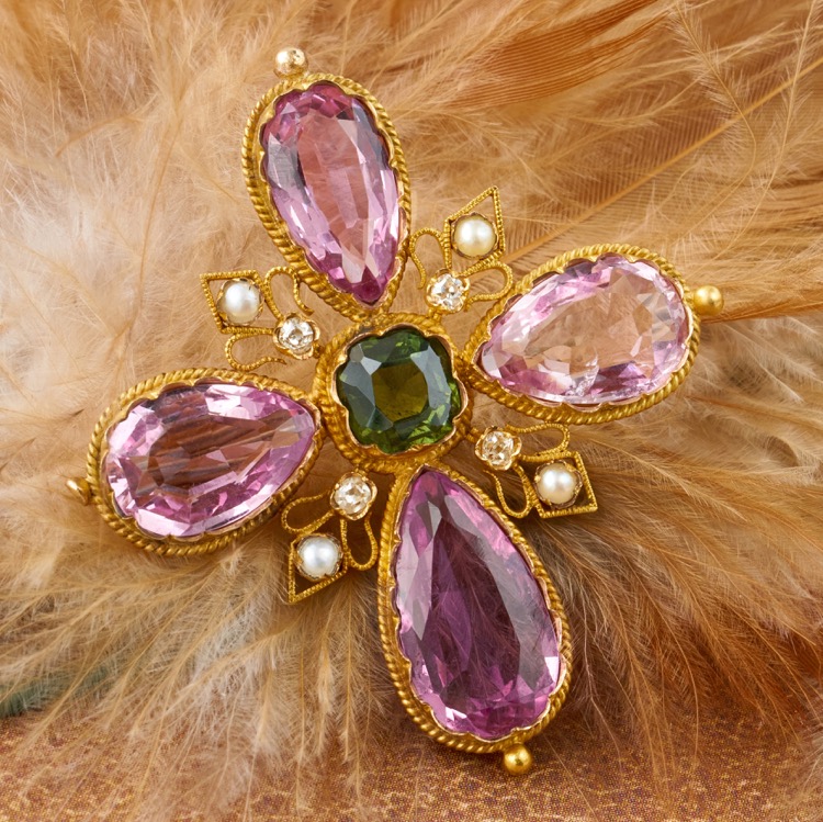 Antique Pink Topaz, Peridot and Diamond Brooch, Yellow Gold