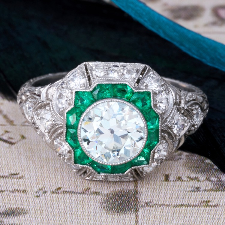 Art Deco Diamond and Emerald Ring, Platinum