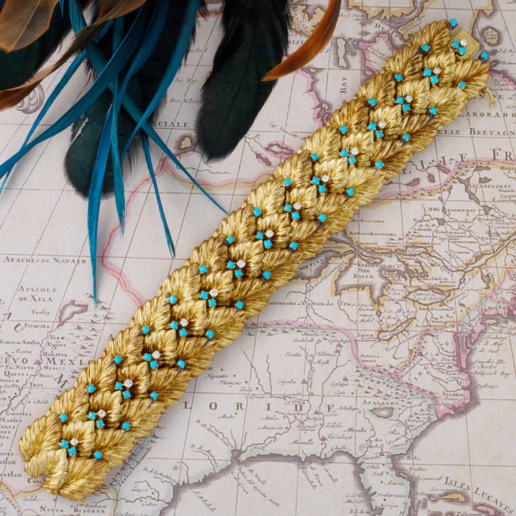 18 Karat Yellow Gold Turquoise Bracelet, Italian