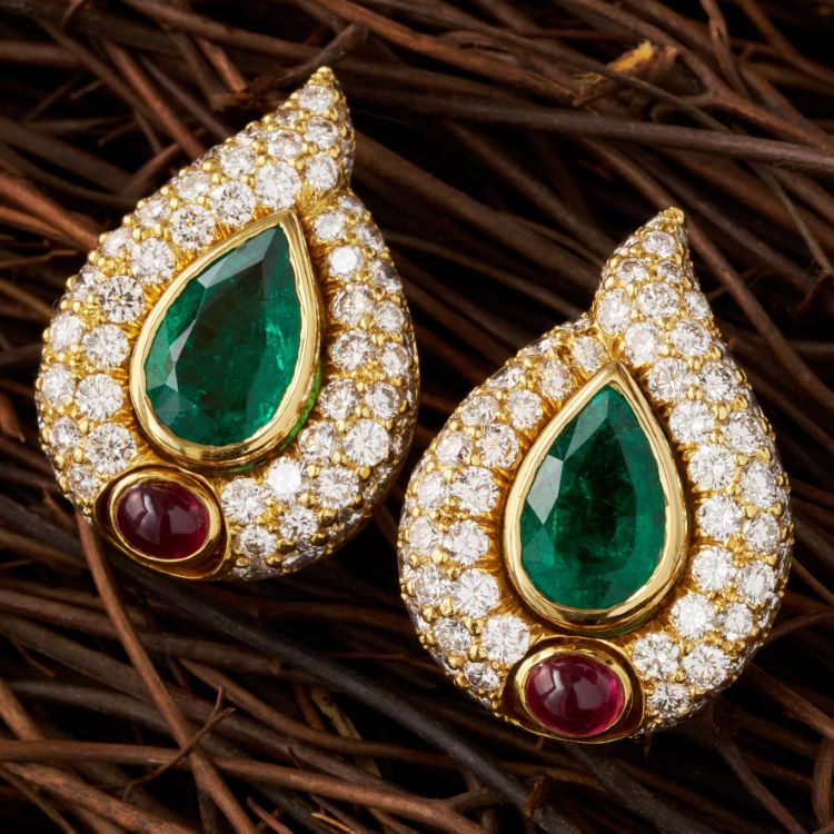 Bulgari Emerald, Ruby and Diamond Earrings, 18 Karat Yellow Gold