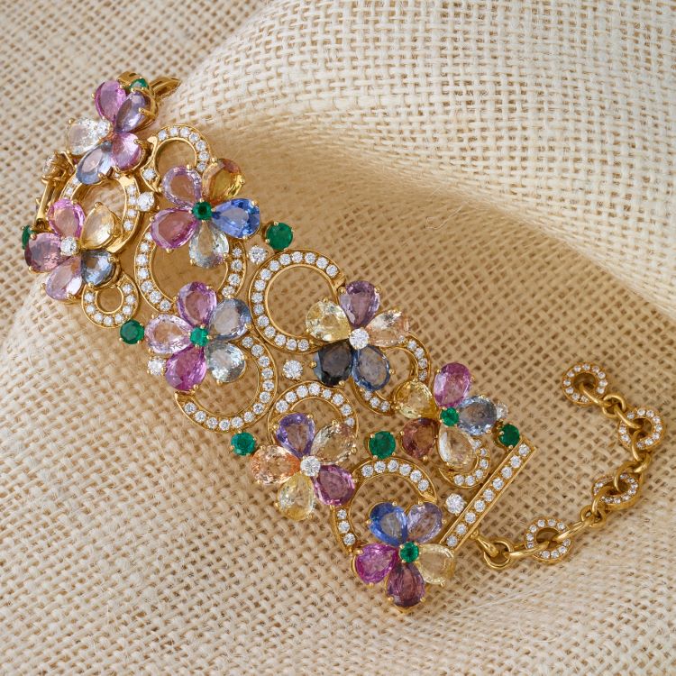 Bulgari Multi-Color Sapphire and Diamond Bracelet From the Sapphire Flower Collection, 18 Karat Yellow Gold