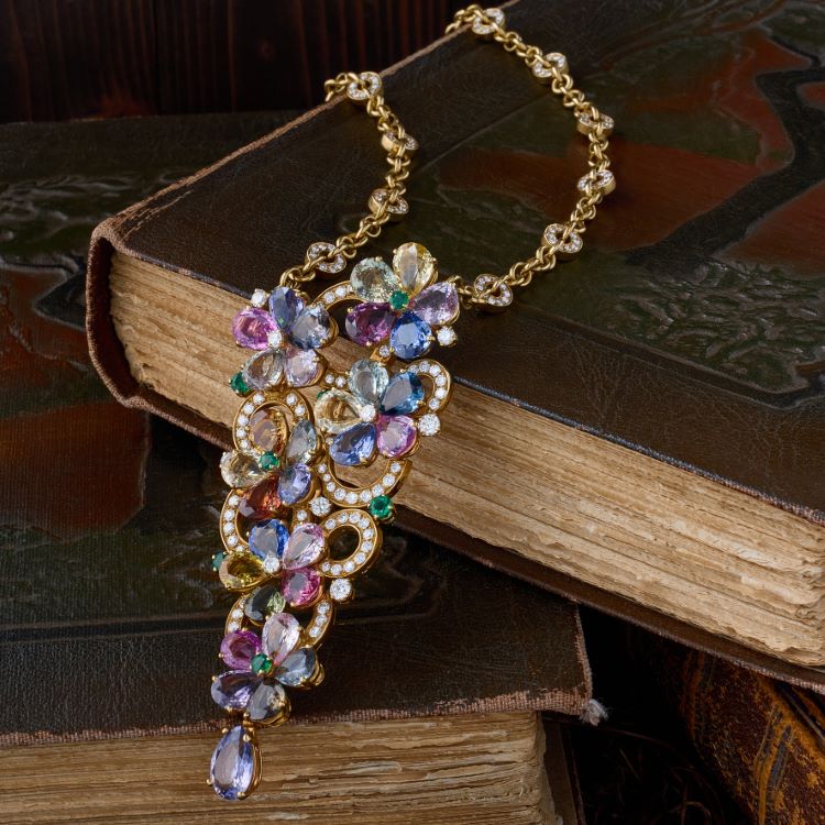 Bulgari Multi-Color Sapphire and Diamond Necklace, 18 Karat Yellow Gold