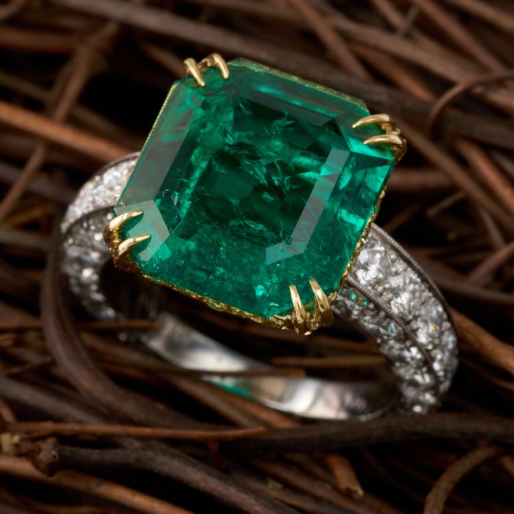 Colombian Emerald and Diamond Ring, 18 Karat White and Yellow Gold