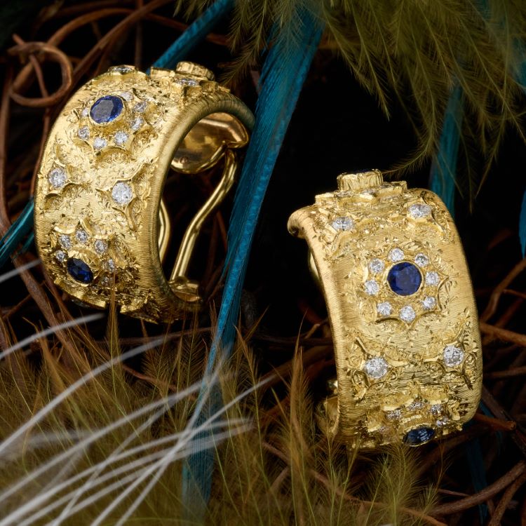 Buccellati Sapphire and Diamond Earrings, 18 Karat Yellow Gold